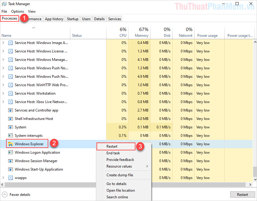 Tìm đến mục Windows Explorer chọn Restart