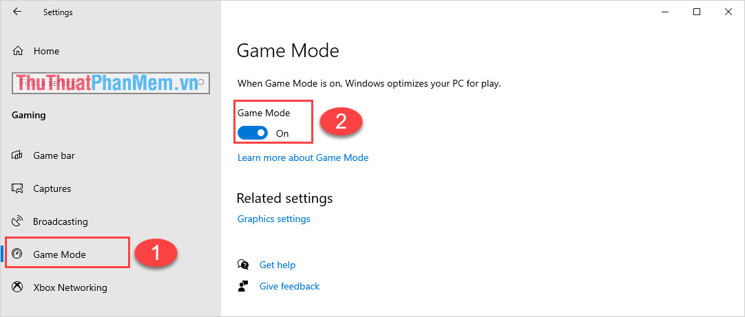 Chọn mục Chế độ trò chơi để bật các tính năng quản lý trò chơi trong Windows 10