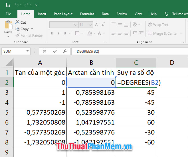 Hàm Arctan trong Excel