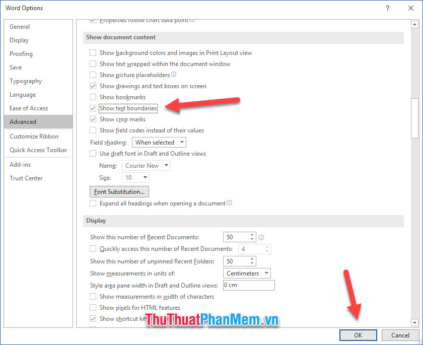 Tích chọn Show text boundaries