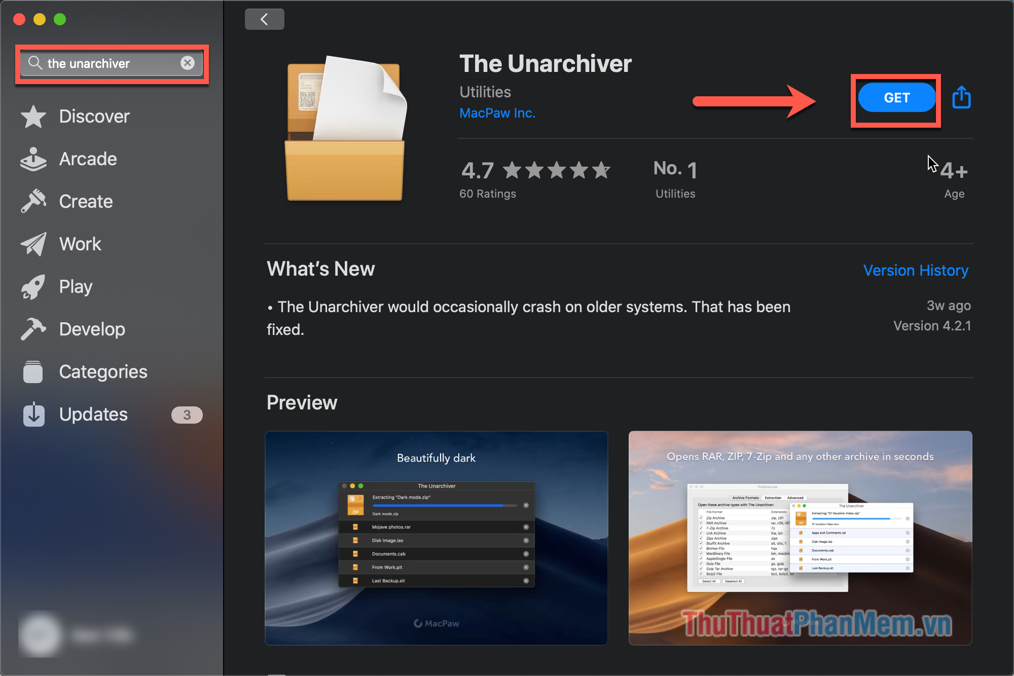 Bạn mở Appstore, nhập tìm kiếm The Unarchiver và nhấn Get để tải xuống ứng dụng