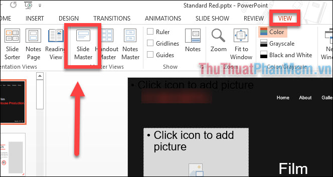 Chọn Slide Master ở phần công cụ