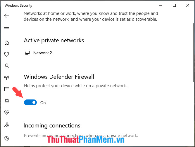 Bạn gạt công tắc Windows Defender Firewall sang Off