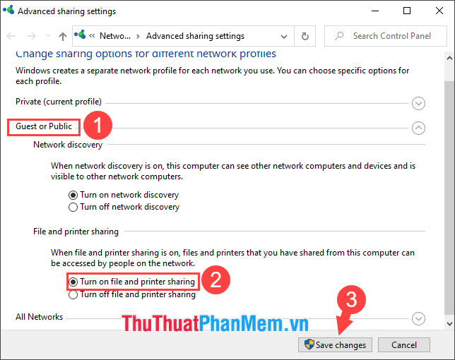 Chọn Turn on file and printer sharing trong mục Guest or Public