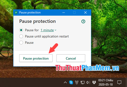 Thiết lập thời gian cần tắt và click vào Pause protection