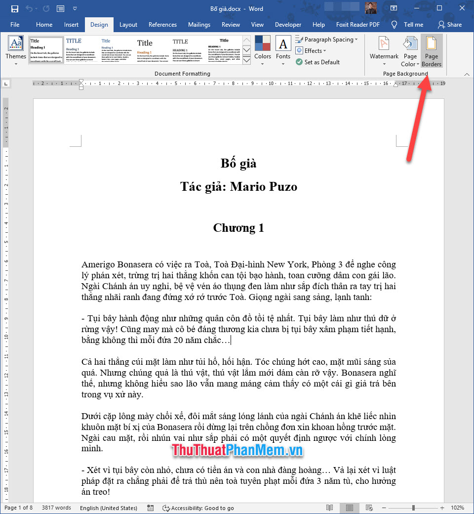 Click vào biểu tượng Page Borders trong nhóm Page Background