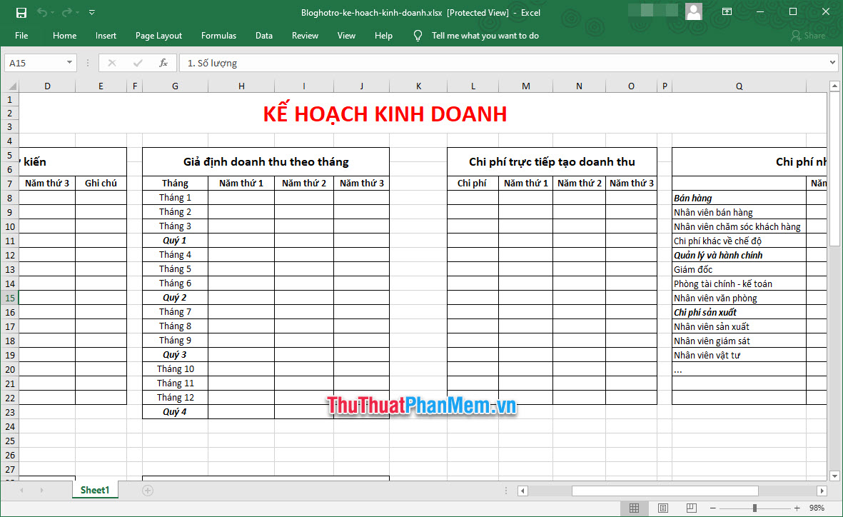 Mẫu lập kế hoạch kinh doanh trên Excel
