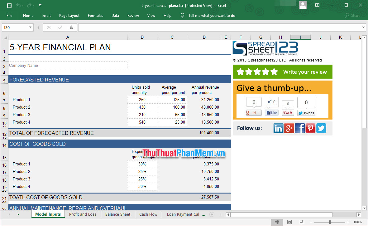 Mẫu lập kế hoạch kinh doanh trên Excel