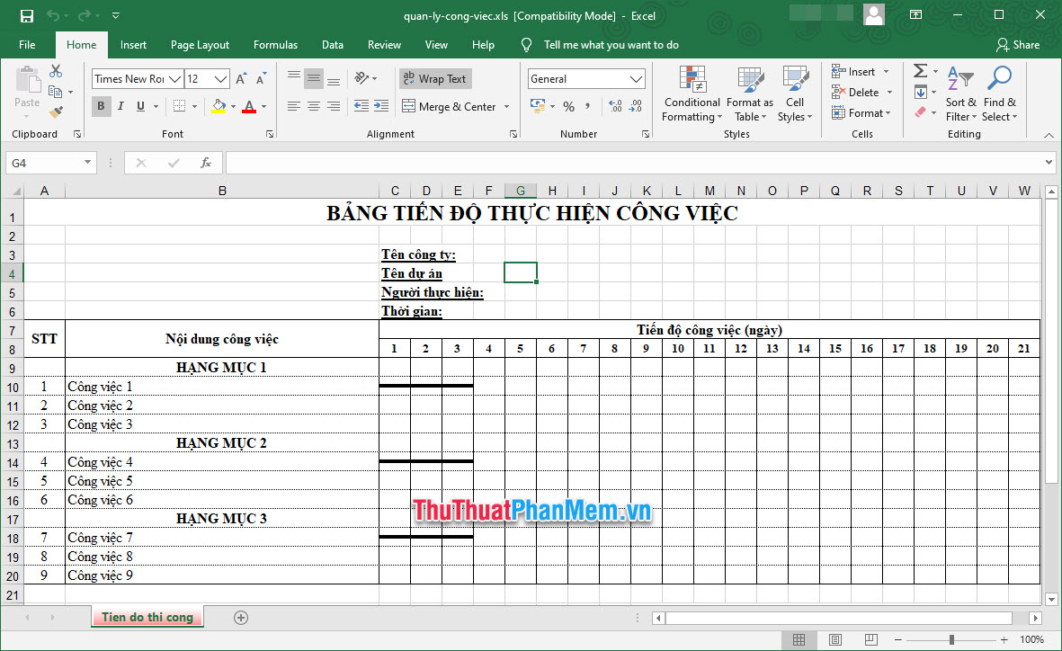 Mẫu kế hoạch công việc bằng Excel chuẩn 4
