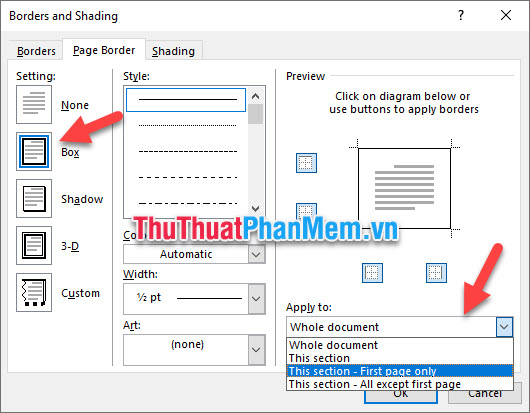 Đổi Apply to thành This section – First page only để chỉ tạo khung viền cho trang đầu tiên