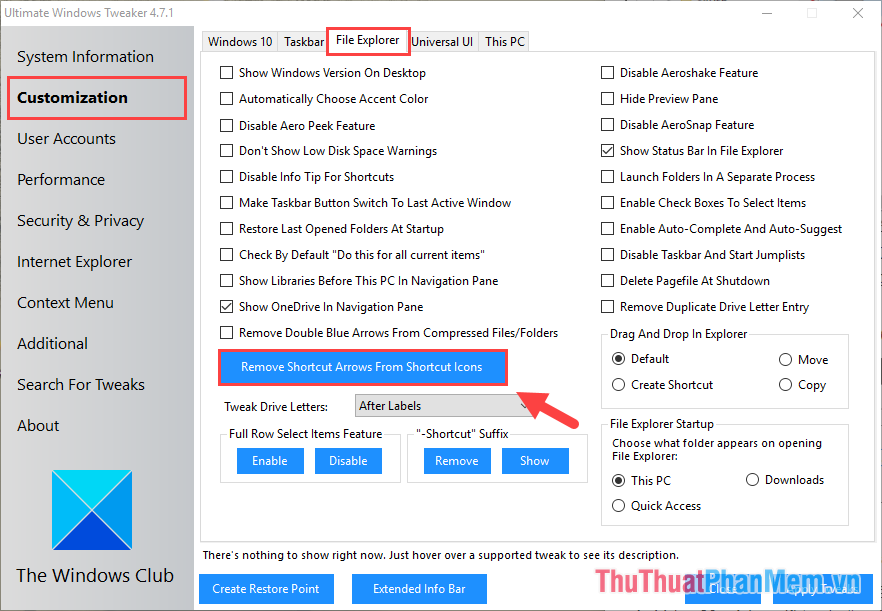 Chọn mục Customization và chọn thẻ File Explorer