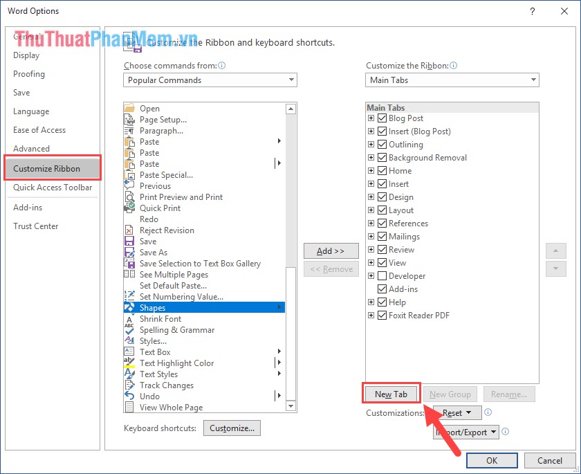 Chọn thẻ Customize Ribbon và nhấn vào New Tab để tạo thẻ công cụ mới trên phần mềm