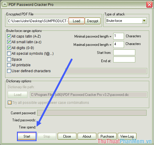 Nhấn Start để bắt đầu bẻ khóa mật khẩu file PDF