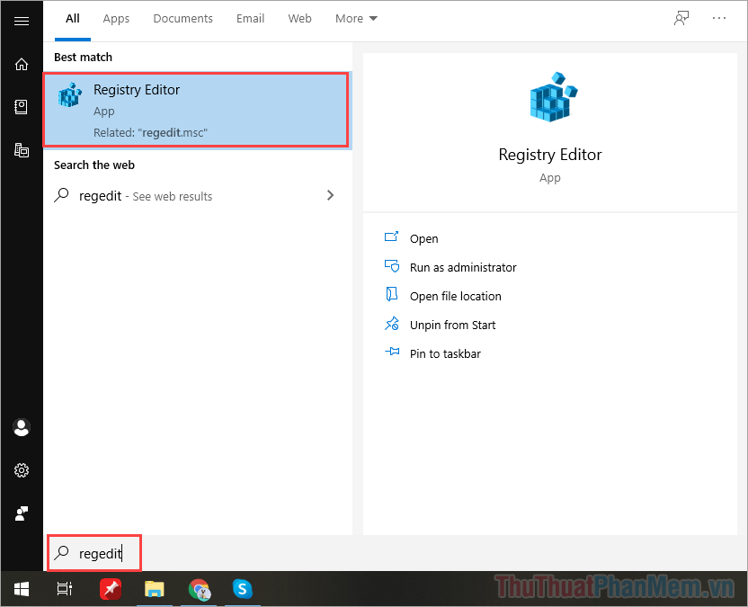 Nhập regedit để mở ứng dụng Registry Editor trong Windows 10.