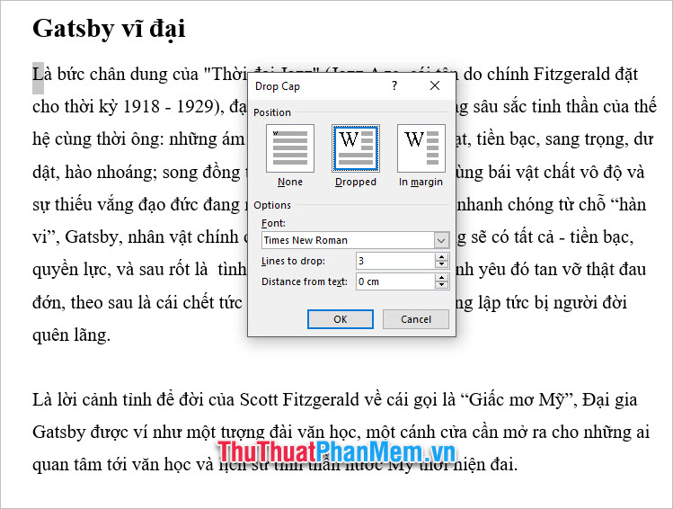 Tùy chọn Drop Cap