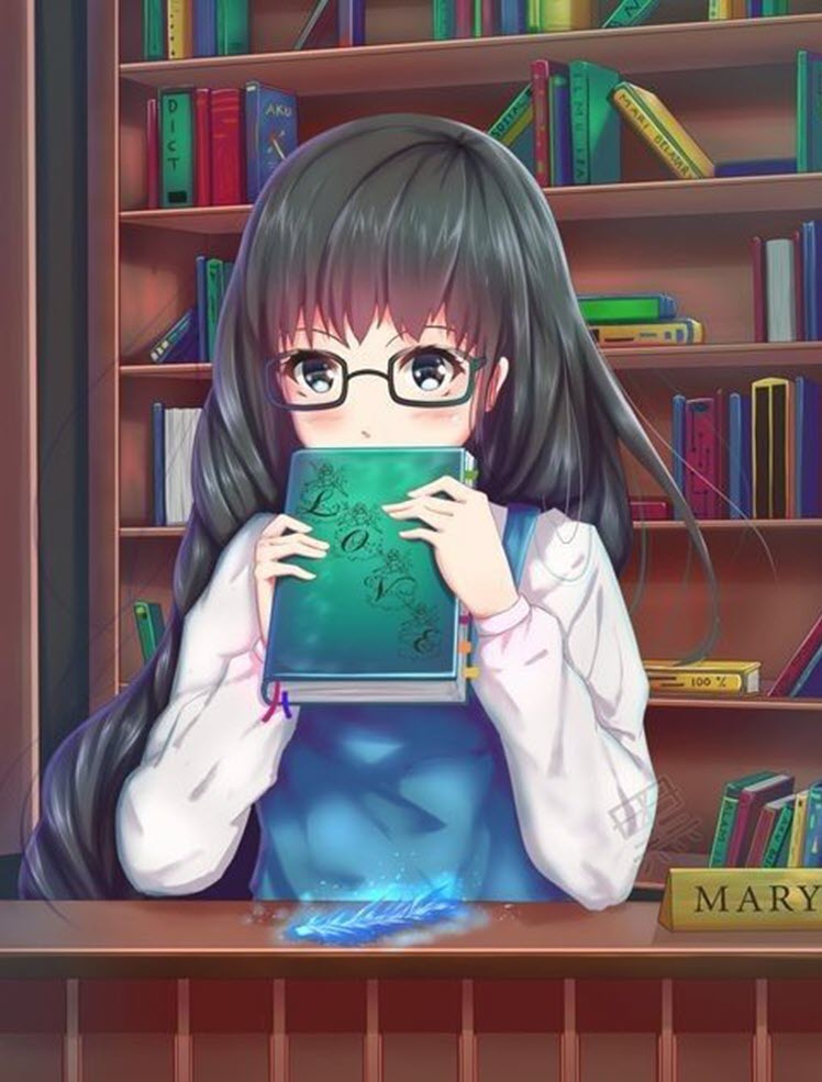 Một cô gái đeo kính trong anime cầm một cuốn sách Ảnh