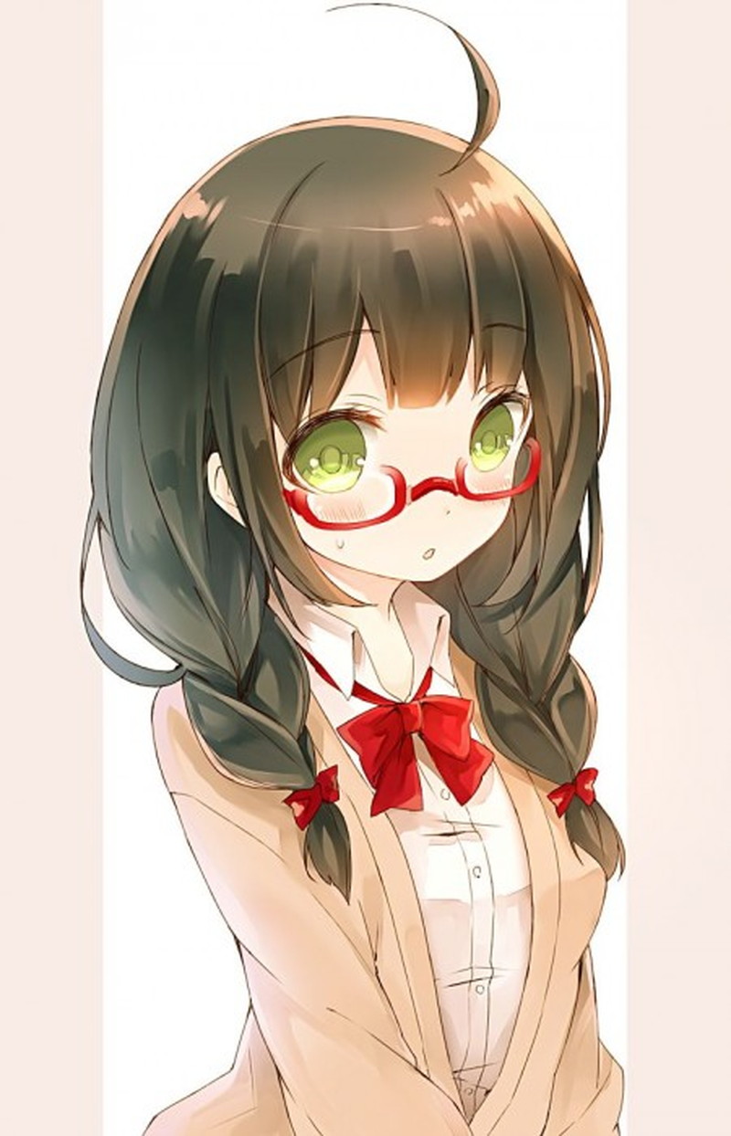 Một cô gái anime thắt bím tóc hai bên đeo kính