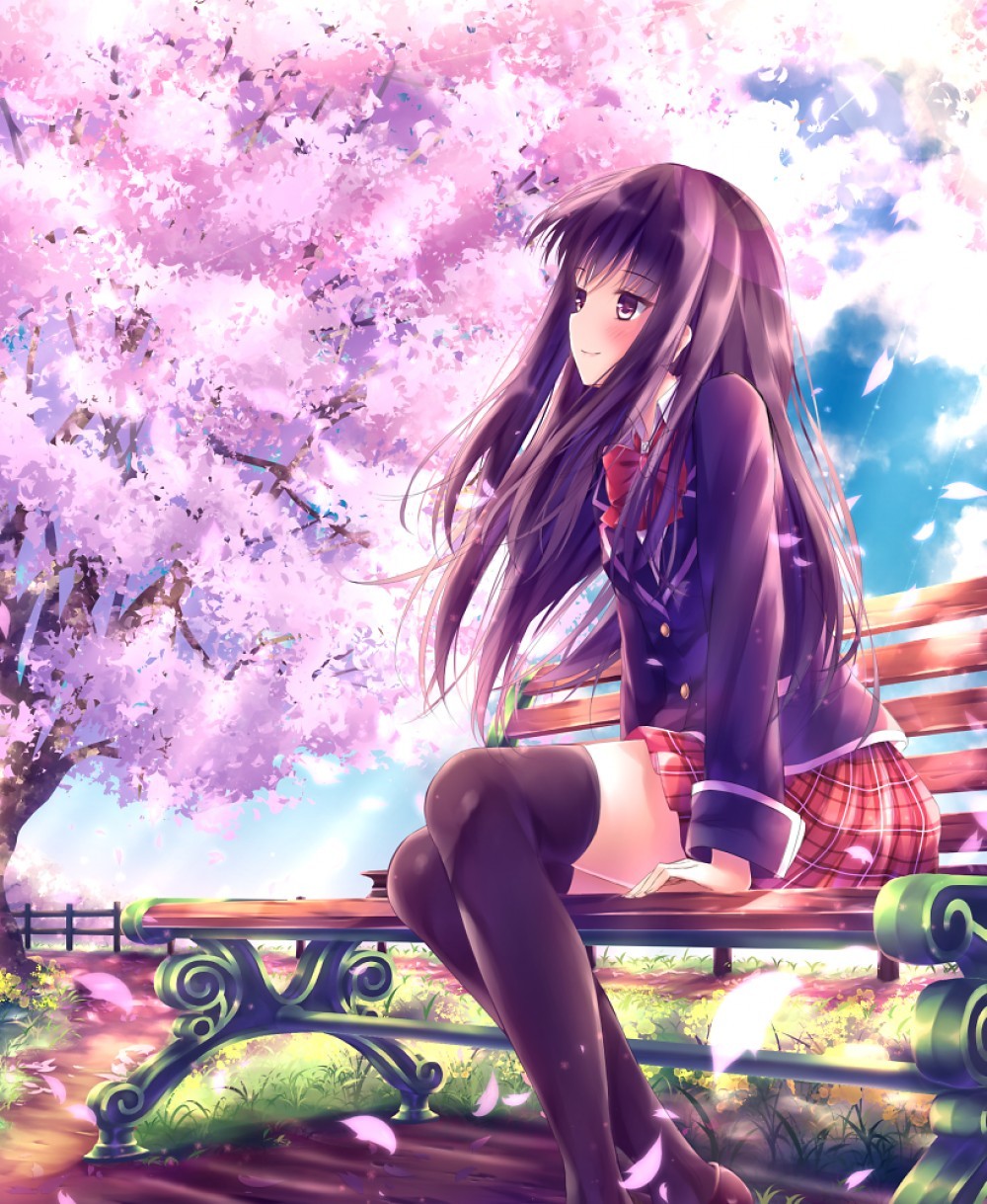 Anime School Girl and Sakura Tree