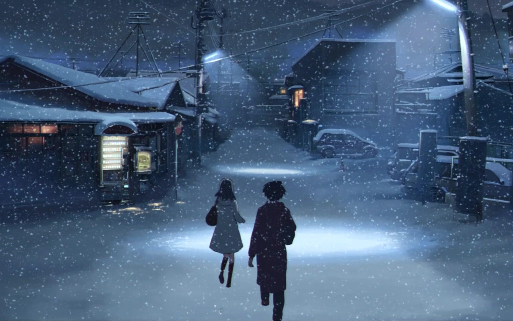 Hình ảnh cặp đôi đi dưới tuyết mùa đông anime