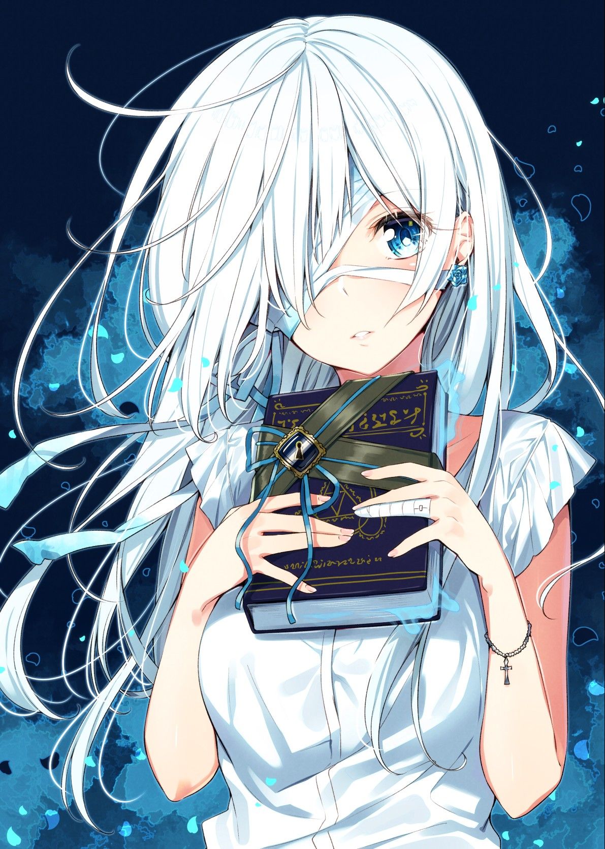 Hình anime cô gái tóc trắng băng mắt