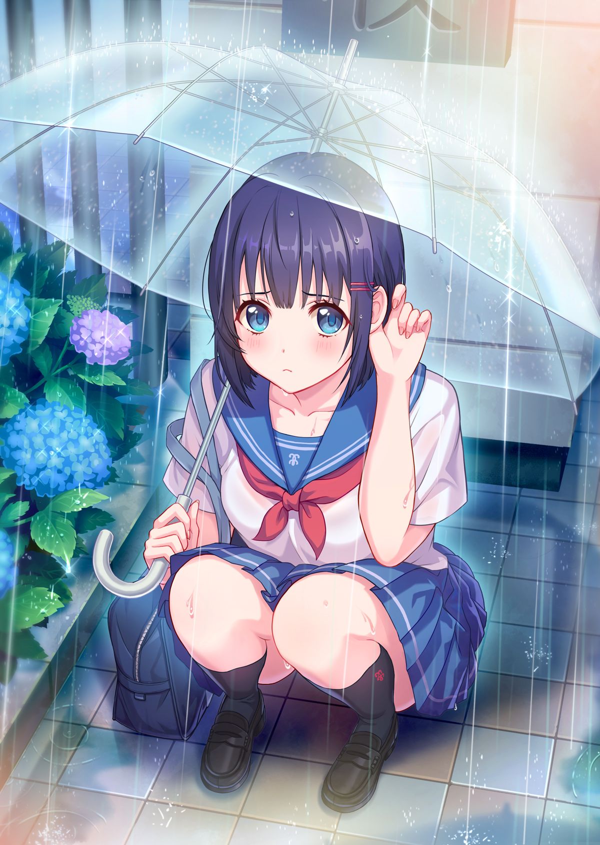 Hình anime phái đẹp sinh tóc tím bên dưới mưa