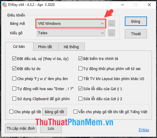 Đối với kiểu font chữ VNI – Avo thì bạn thiết lập Bảng mã là VNI Windows