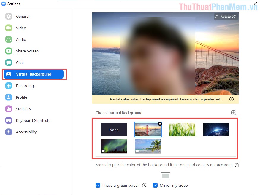 Chọn thẻ Virtual Background để thay đổi hình nền ảo của Zoom