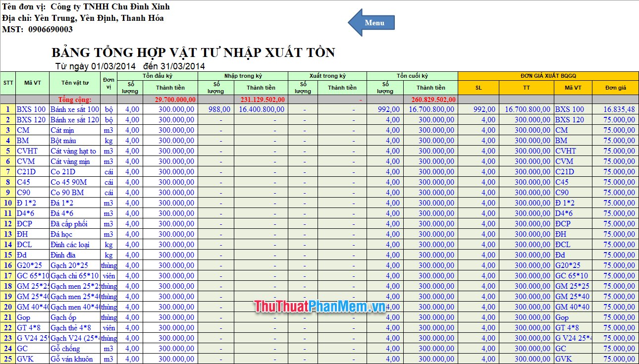 Demo file mẫu quản lý kho vật tư bằng Excel 8