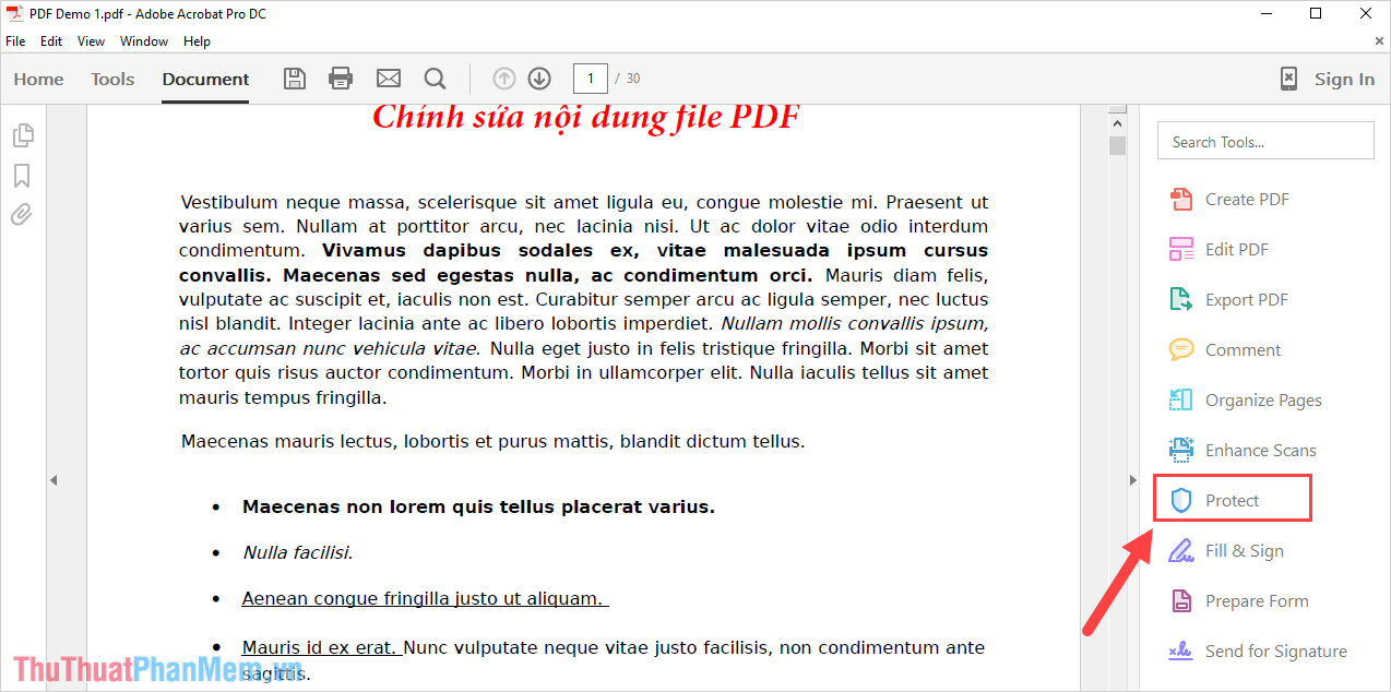 Chọn mục Protect để thiết lập tính năng bào vệ cho file PDF