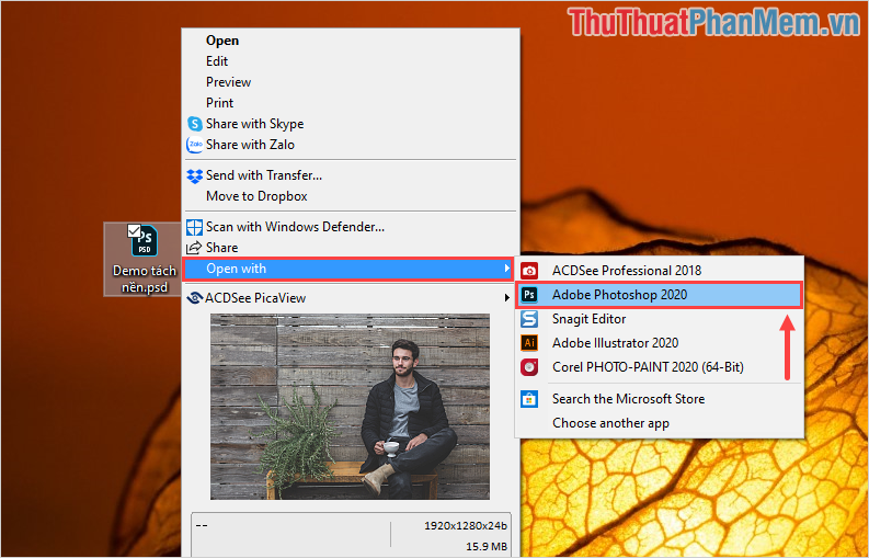 Click chuột phải vào file PSD và chọn Open With - Adobe Photoshop