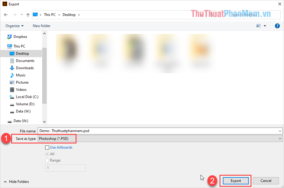 Chọn mục Save as type là Photoshop (.PSD) và nhấn Export để xuất file