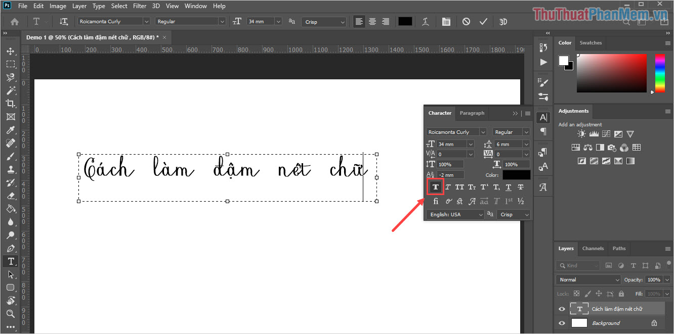 Việc làm đậm nét chữ trong Photoshop là cách tốt nhất để tạo ra những đoạn văn bản nổi bật và dễ đọc hơn. Nếu bạn muốn tìm hiểu cách làm đậm chữ trong Photoshop, hãy xem hình ảnh liên quan đến từ khóa này và khám phá những mẹo và thủ thuật để tạo ra những đoạn văn bản đẹp mắt và chuyên nghiệp hơn!