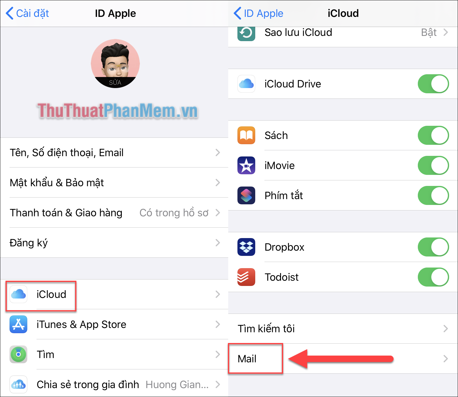 Chọn iCloud và chọn Mail