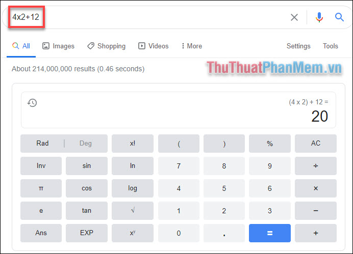 - Google sử dụng máy tính ở đầu trang kết quả để trả về kết quả.