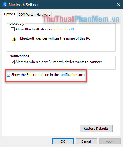 Tích vào ô vuông bên cạnh Show the Bluetooth icon in the notification area