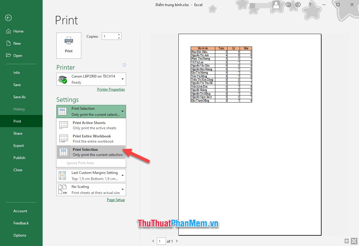 Cách in vùng chọn trong Excel