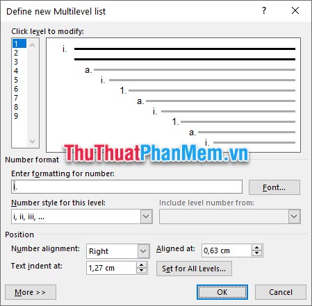 Bạn có thể lựa chọn đánh dấu số La Mã cho những cấp độ khác nhau của list danh sách