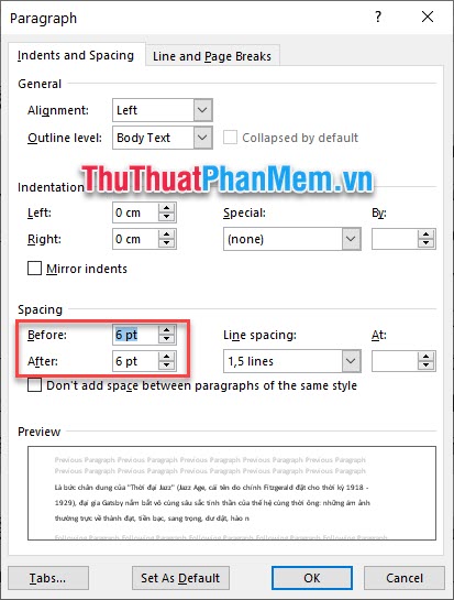 Các bạn có thể nhìn trước tỷ lệ khoảng cách giữa các đoạn ở trong mục Preview