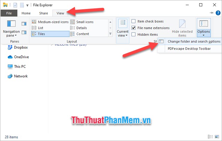 Chọn dòng Change folder and search options
