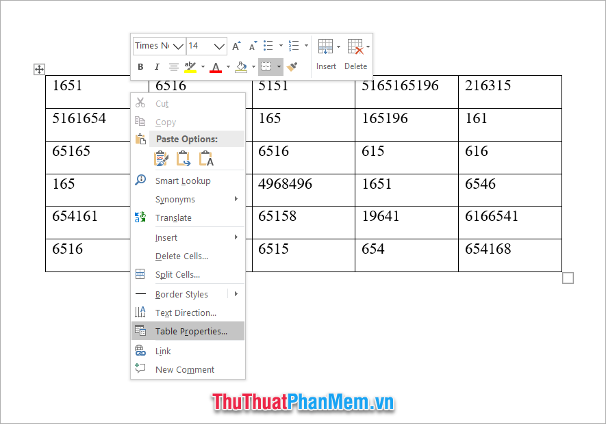 Chọn Table Properties trong danh sách tùy chọn vừa hiển thị