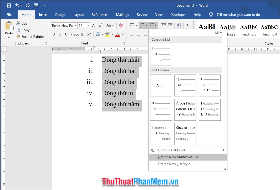Click vào Multilevel List để có thể tạo danh sách các cấp độ