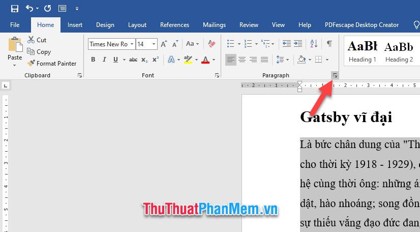 Click vào nút mở rộng của nhóm Paragraph trong ribbon Home 