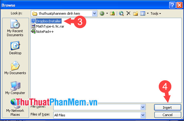 Bạn tìm đến file cần chèn và chọn Insert