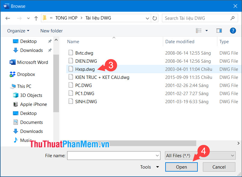Chọn file cần chèn rồi click Open