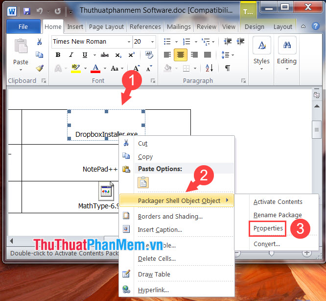 Click chuột phải vào vùng file đính kèm và chọn Properties