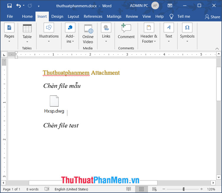 Kết quả sau khi chèn file