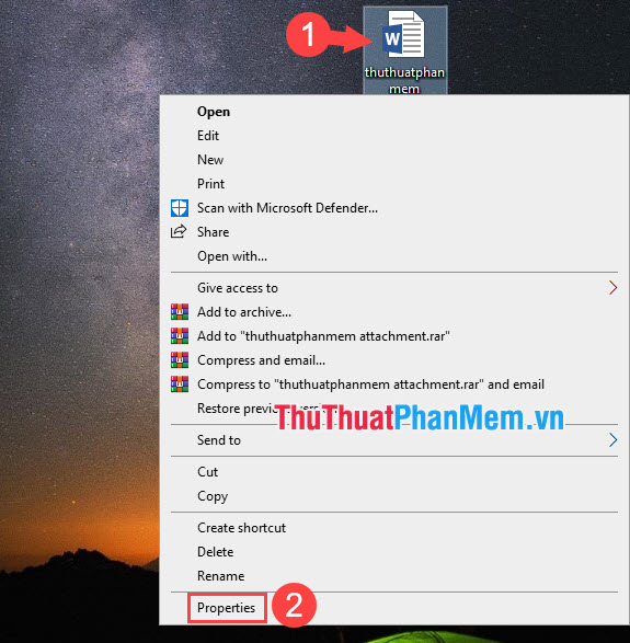 Click chuột phải vào file word mã hoá và chọn Properties