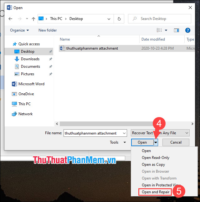 Click vào nút mũi tên cạnh Open và nhấn Open and Repair