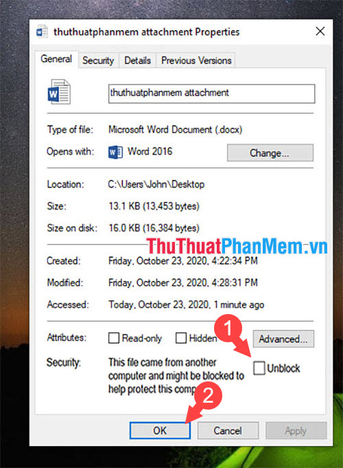 Click vào Unblock và nhấn OK