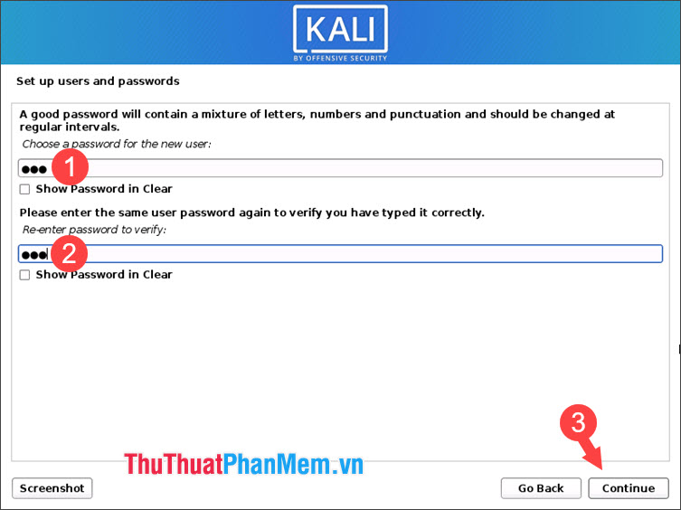 Đặt mật khẩu và nhập lại mật khẩu cho máy ảo Kali